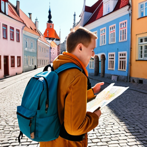 Home 4 **Prompt:** A traveler with a backpack stands in Tallinn's Old Town, admiring the colorful buildings. The sun is shining, and they're holding a map, representing the start of their Estonian adventure on a Tourist Visa. Focus on the vibrant atmosphere and sense of exploration.