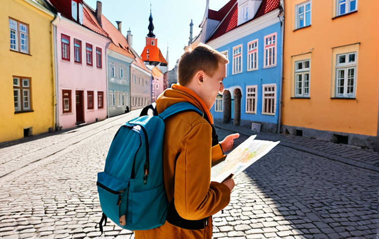**Prompt:** A traveler with a backpack stands in Tallinn's Old Town, admiring the colorful buildings. The sun is shining, and they're holding a map, representing the start of their Estonian adventure on a Tourist Visa. Focus on the vibrant atmosphere and sense of exploration.