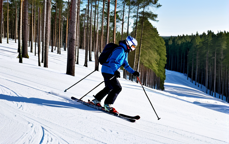 A professional individual in a full, modest winter ski suit, gracefully skiing down a well-groomed, snow-covered slope in Otep&auml;&auml;, Estonia. Ancient, snow-laden pine forests line the background under a clear winter sky. The scene captures the quiet thrill and serene atmosphere of the uncrowded Estonian winter sports paradise. Fully clothed, appropriate attire, safe for work, perfect anatomy, correct proportions, natural pose, well-formed hands, proper finger count, natural body proportions, professional photography, high quality, family-friendly content.