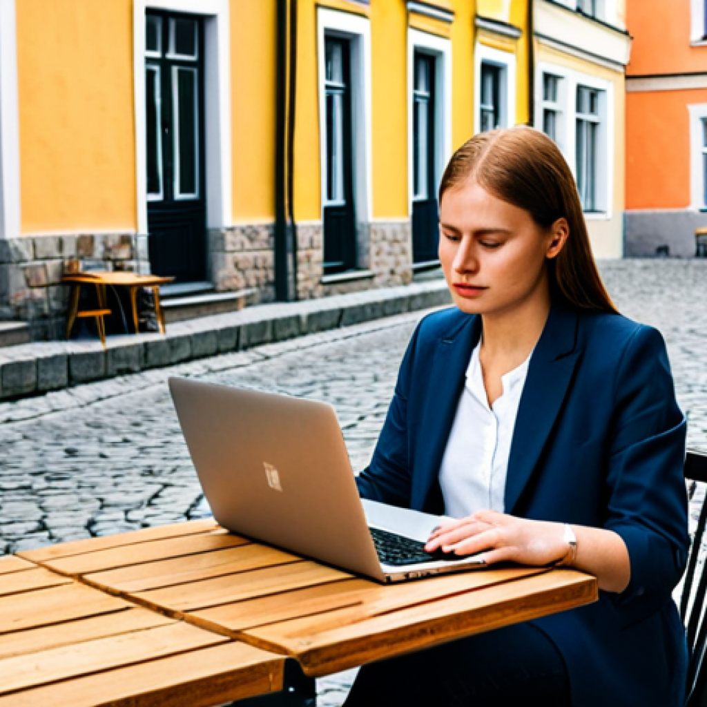Digital Nomad in Tallinn**
"A professional, fully clothed digital nomad working on a laptop at a cafe in Tallinn's Old Town. Modest attire, concentrating on their work. Cobblestone streets and colorful buildings in the background. Safe for work, appropriate content, perfect anatomy, natural proportions, professional quality."
**