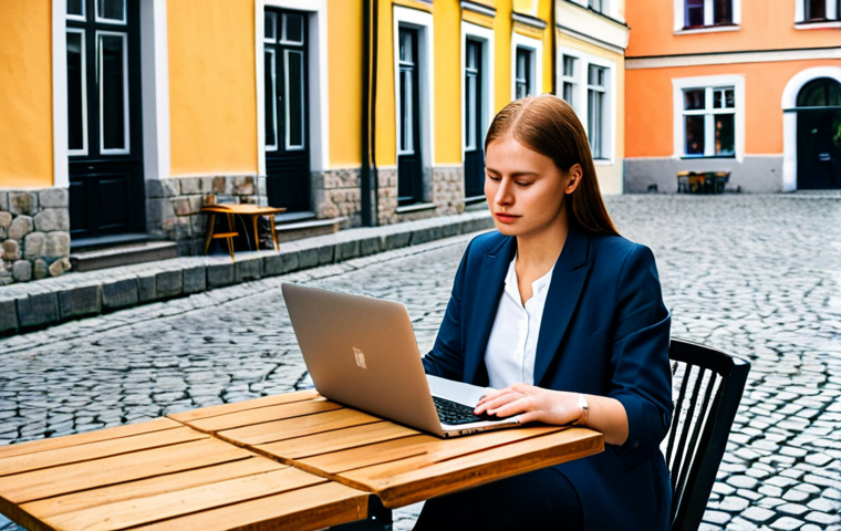 Digital Nomad in Tallinn**

"A professional, fully clothed digital nomad working on a laptop at a cafe in Tallinn's Old Town. Modest attire, concentrating on their work. Cobblestone streets and colorful buildings in the background. Safe for work, appropriate content, perfect anatomy, natural proportions, professional quality."

**