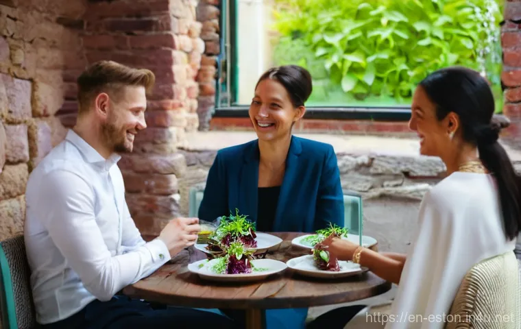 에스토니아에서의 채식주의자 및 비건 옵션 - Elegant Vegan Fine Dining in Tallinn's Old Town**

*   **Subject:** A smartly dressed couple in thei...