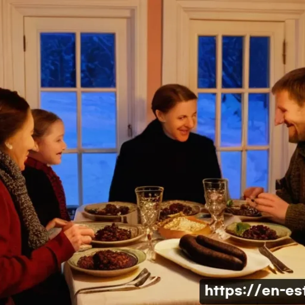 에스토니아의 독특한 신년 행사 - A cozy Estonian family dining room scene on New Year’s Eve, featuring a wooden table laden with seve...