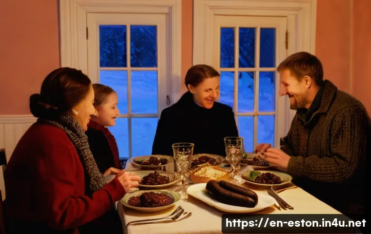 에스토니아의 독특한 신년 행사 - A cozy Estonian family dining room scene on New Year&rsquo;s Eve, featuring a wooden table laden with seve...