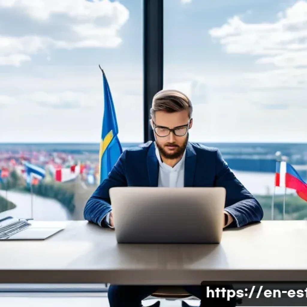 에스토니아에서 스타트업 창업하기 - A modern digital entrepreneur working remotely on a sleek laptop in a minimalist home office setting...