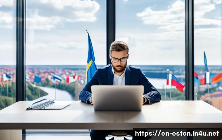 에스토니아에서 스타트업 창업하기 - A modern digital entrepreneur working remotely on a sleek laptop in a minimalist home office setting...