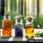 에스토니아에서 구매할 수 있는 추천 화장품 브랜드 - A serene Estonian forest scene showcasing natural beauty ingredients: a rustic wooden table adorned ...