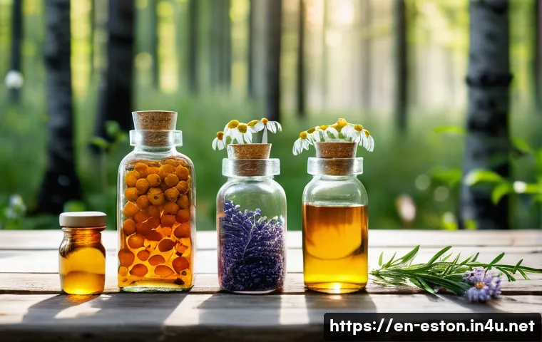 에스토니아에서 구매할 수 있는 추천 화장품 브랜드 - A serene Estonian forest scene showcasing natural beauty ingredients: a rustic wooden table adorned ...