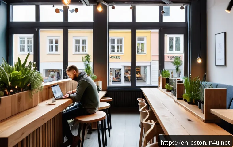 에스토니아에서 Wi Fi 및 인터넷 사용법 - A cozy, modern caf&eacute; interior in Tallinn, Estonia, featuring warm wooden furniture, large windows wit...