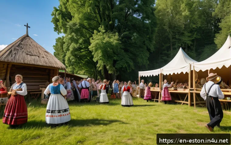 에스토니아 민속 축제와 행사 - A vibrant summer folk music festival scene in Viljandi, Estonia, featuring a lively outdoor stage su...