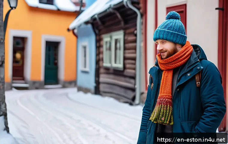 에스토니아에서 겨울 여행 시 유의사항 - A stylish winter traveler standing on a snowy street in Tallinn’s Old Town, wearing layered clothing...