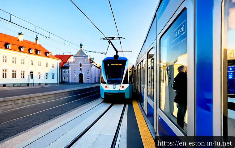 에스토니아 교통 시스템 이용법 - Photorealistic Tallinn public transport scene, a visitor using a contactless card at a modern tram p...