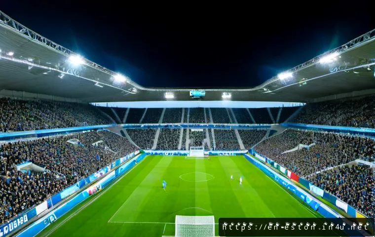 에스토니아 축구 대표팀 및 리그 정보 - Photorealistic wide-angle view of a modern football stadium in Tallinn during an international match...